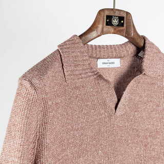 Gran Sasso Textured Red Rice Stitch Knit Skipper Polo - Cotton, Linen, Made In Italy - Detail View