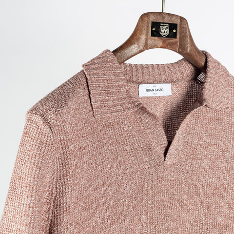 Gran Sasso Textured Red Rice Stitch Knit Skipper Polo - Cotton, Linen, Made In Italy - Detail View