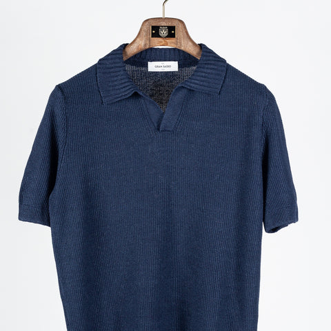 Gran Sasso Textured Navy Rice Stitch Knit Skipper Polo - Cotton, Linen, Denim, Made In Italy - View 5