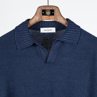Gran Sasso Textured Navy Rice Stitch Knit Skipper Polo - Cotton, Linen, Denim, Made In Italy - View 6