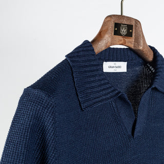 Gran Sasso Textured Navy Rice Stitch Knit Skipper Polo - Cotton, Linen, Denim, Made In Italy - Detail View