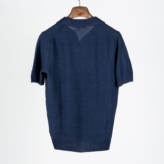 Gran Sasso Textured Navy Rice Stitch Knit Skipper Polo - Cotton, Linen, Denim, Made In Italy - Back View
