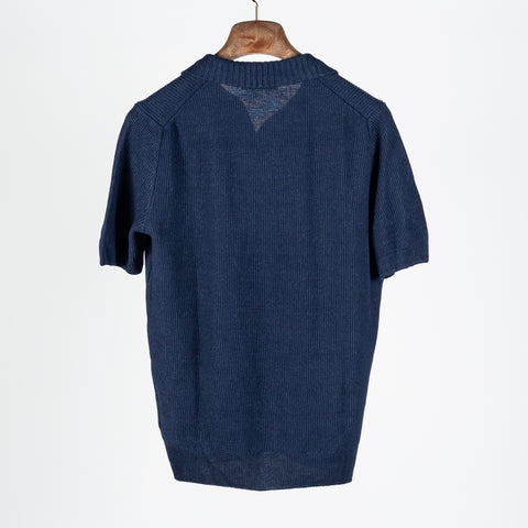 Gran Sasso Textured Navy Rice Stitch Knit Skipper Polo - Cotton, Linen, Denim, Made In Italy - Back View