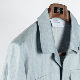 Gran Sasso Light Blue Herringbone Sahariana Jacket - Cotton, Linen, Regular Fit, Made In Italy - Detail View