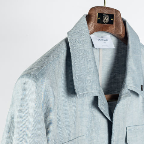 Gran Sasso Light Blue Herringbone Sahariana Jacket - Cotton, Linen, Regular Fit, Made In Italy - Detail View