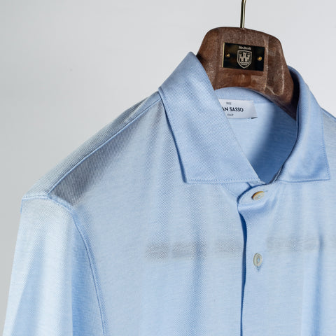 Gran Sasso Light Blue Cotton Jersey Button Up Shirt - Cotton, Silk, Jersey, Knit, Made In Italy - Detail View