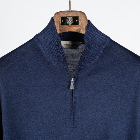 Gran Sasso Vintage Navy Wool 1/4 Zip Sweater - Wool, Merino, Knit, Made In Italy - View 6