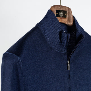 Gran Sasso Vintage Navy Wool 1/4 Zip Sweater - Wool, Merino, Knit, Made In Italy - Detail View