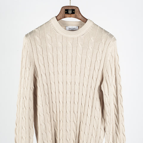 Gran Sasso Tan Ribbed & Cabled crewneck Sweater - Cotton, Denim, Italian, Regular Fit, Knit, Made In Italy - View 6