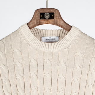 Gran Sasso Tan Ribbed & Cabled crewneck Sweater - Cotton, Denim, Italian, Regular Fit, Knit, Made In Italy - View 7