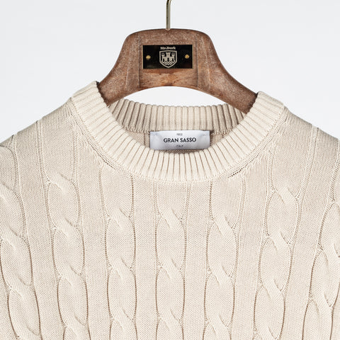 Gran Sasso Tan Ribbed & Cabled crewneck Sweater - Cotton, Denim, Italian, Regular Fit, Knit, Made In Italy - View 7