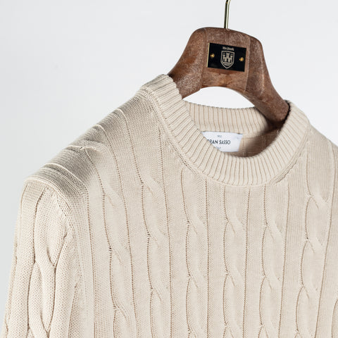 Gran Sasso Tan Ribbed & Cabled crewneck Sweater - Cotton, Denim, Italian, Regular Fit, Knit, Made In Italy - Detail View