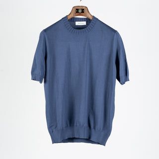 Gran Sasso Blue 2-ply Cotton Crewneck Knit T-shirt - Cotton, Italian, Regular Fit, Made In Italy