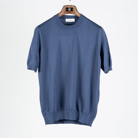 Gran Sasso Blue 2-ply Cotton Crewneck Knit T-shirt - Cotton, Italian, Regular Fit, Made In Italy