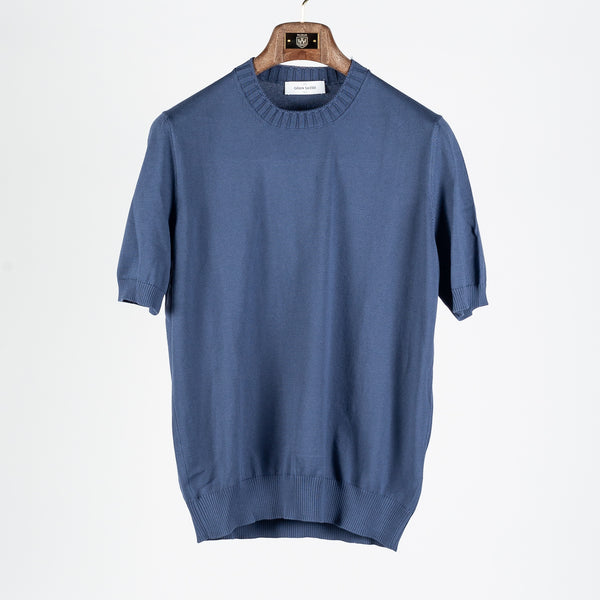 Blue 2-ply Cotton Crewneck Knit T-shirt