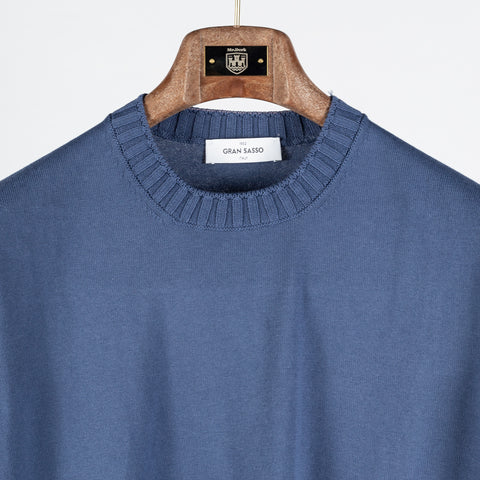 Gran Sasso Blue 2-ply Cotton Crewneck Knit T-shirt - Cotton, Italian, Regular Fit, Made In Italy - View 6