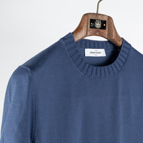 Gran Sasso Blue 2-ply Cotton Crewneck Knit T-shirt - Cotton, Italian, Regular Fit, Made In Italy - Detail View