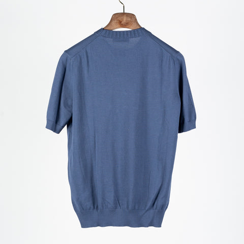Gran Sasso Blue 2-ply Cotton Crewneck Knit T-shirt - Cotton, Italian, Regular Fit, Made In Italy - Back View