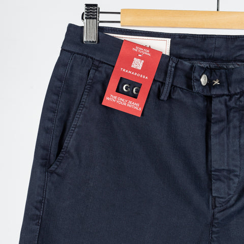 Tramarossa Navy Super Stretch Luis Chinos - Cotton, Suede, Polyester, Regular Fit, Matte, Made In Italy - Detail View