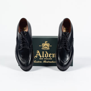 Top-down view of Alden 87150 black shell cordovan V-Tip Blucher showing six blind eyelets