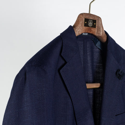 Joop Navy Herringbone Hoverest Blazer - Wool, Linen, Denim, Slim Fit - Detail View