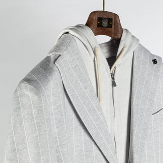 Gran Sasso Light Grey Pinstripe Hooded Jacket - Cotton, Linen, Jersey, Regular Fit, Made In Italy - Detail View
