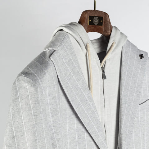 Gran Sasso Light Grey Pinstripe Hooded Jacket - Cotton, Linen, Jersey, Regular Fit, Made In Italy - Detail View