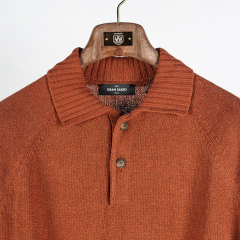 Gran Sasso Burnt Orange Cotton-Cashmere Crêpe Knit Polo - Tan, Cotton, Cashmere, Denim, Slim Fit, Made In Italy - View 6