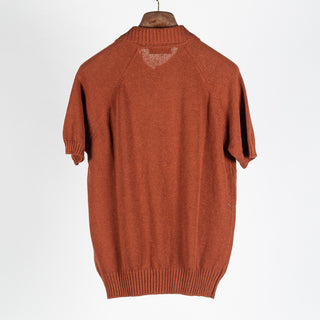 Gran Sasso Burnt Orange Cotton-Cashmere Crêpe Knit Polo - Tan, Cotton, Cashmere, Denim, Slim Fit, Made In Italy - Back View