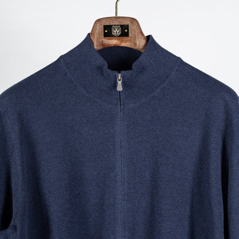 Gran Sasso Navy Cotton Micro-Pique Zip Sweater - Cotton, Regular Fit, Knit, Made In Italy - View 6