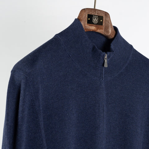 Gran Sasso Navy Cotton Micro-Pique Zip Sweater - Cotton, Regular Fit, Knit, Made In Italy - Detail View