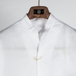 Fradi White Mandarin Collar Cotton-Linen Shirt - Cotton, Linen, Denim, Regular Fit, Solid, Made In Italy - View 7