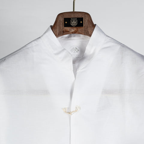 Fradi White Mandarin Collar Cotton-Linen Shirt - Cotton, Linen, Denim, Regular Fit, Solid, Made In Italy - View 7