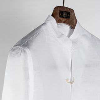 Fradi White Mandarin Collar Cotton-Linen Shirt - Cotton, Linen, Denim, Regular Fit, Solid, Made In Italy - Detail View