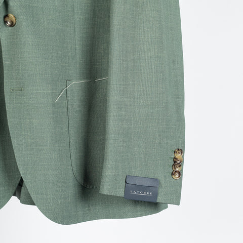 Latorre Sage Wool Silk Summer Blazer - Tan, Wool, Linen, Silk, Woven, Made In Italy - Back View