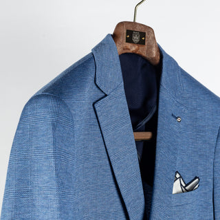 Blue Industry Royal Blue Checked Sport Jacket - Cotton, Denim, Jersey, Slim Fit - Detail View