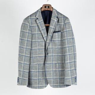 Blue Industry Textured Grey Windowpane Blazer - White, Cotton, Denim, Polyester, Slim Fit