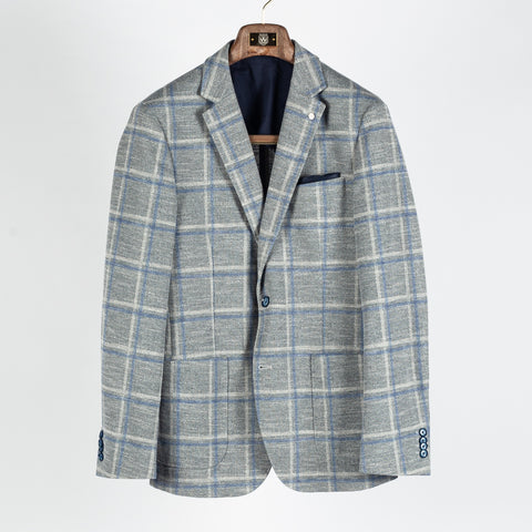 Blue Industry Textured Grey Windowpane Blazer - White, Cotton, Denim, Polyester, Slim Fit