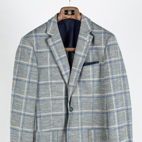 Blue Industry Textured Grey Windowpane Blazer - White, Cotton, Denim, Polyester, Slim Fit - View 6