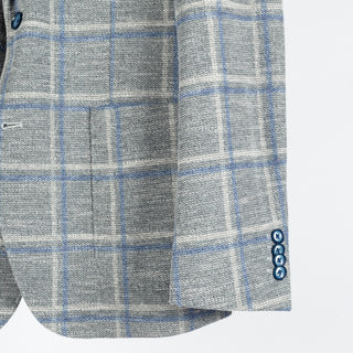Blue Industry Textured Grey Windowpane Blazer - White, Cotton, Denim, Polyester, Slim Fit - Back View