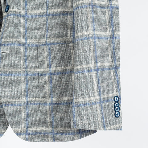 Blue Industry Textured Grey Windowpane Blazer - White, Cotton, Denim, Polyester, Slim Fit - Back View