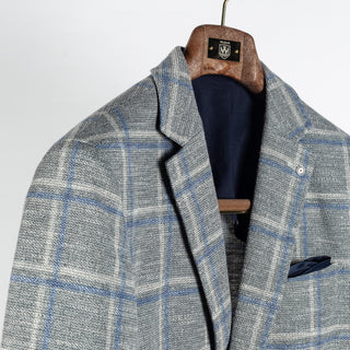 Blue Industry Textured Grey Windowpane Blazer - White, Cotton, Denim, Polyester, Slim Fit - Detail View