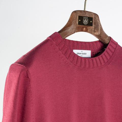 Gran Sasso Magenta 2-ply Cotton Crewneck Knit T-shirt - Cotton, Regular Fit, Made In Italy - Detail View