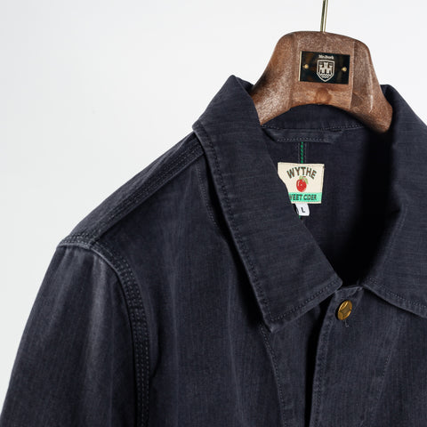 Wythe Faded Navy Japanese Cotton Herringbone Barn Jacket - Cotton, Twill, Oxford - Detail View