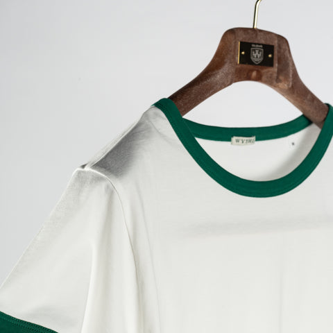 Wythe Evergreen Tubular Ringer T-Shirt - Tan, Cotton, Relaxed Fit, Knit, Made In Portugal - Detail View