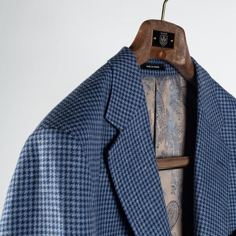 Empire Blue Houndstooth Linen Wool Blazer - Wool, Linen, Made In Canada - Detail View