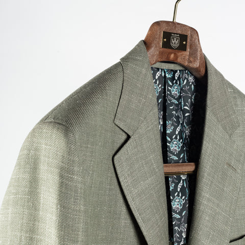 Empire Sage Green Wool Silk Blazer - Brown, Wool, Linen, Silk, Floral, Made In Canada - Detail View