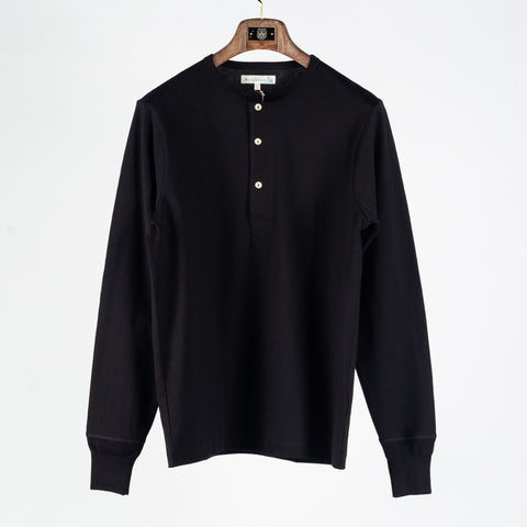 Merz b. Schwanen Deep Black 2M06 Mid-Century Long Sleeve Henley - Cotton, Denim, Jersey, Woven, Made In Germany