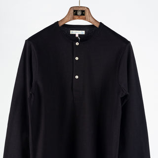 Merz b. Schwanen Deep Black 2M06 Mid-Century Long Sleeve Henley - Cotton, Denim, Jersey, Woven, Made In Germany - View 7