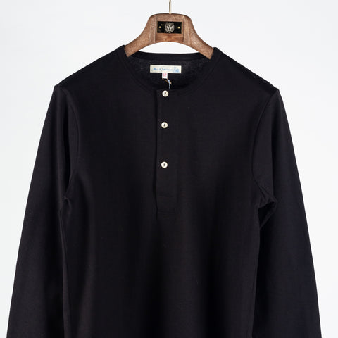 Merz b. Schwanen Deep Black 2M06 Mid-Century Long Sleeve Henley - Cotton, Denim, Jersey, Woven, Made In Germany - View 7